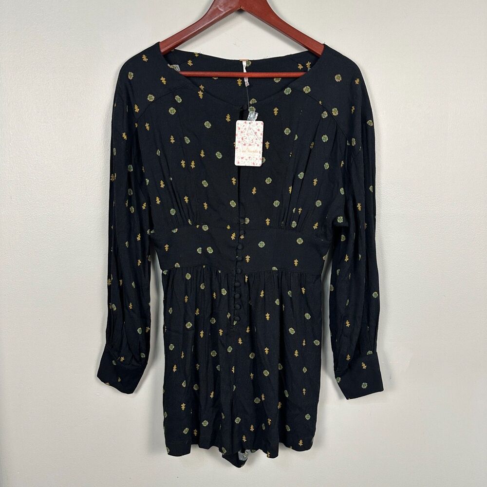 NWT Free People Love Grows Front Button Long Sleeve Black Romper Small